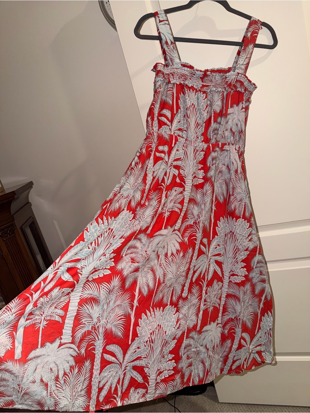 Talbots Red Palm-Print Sundress with Smocked Bodice
